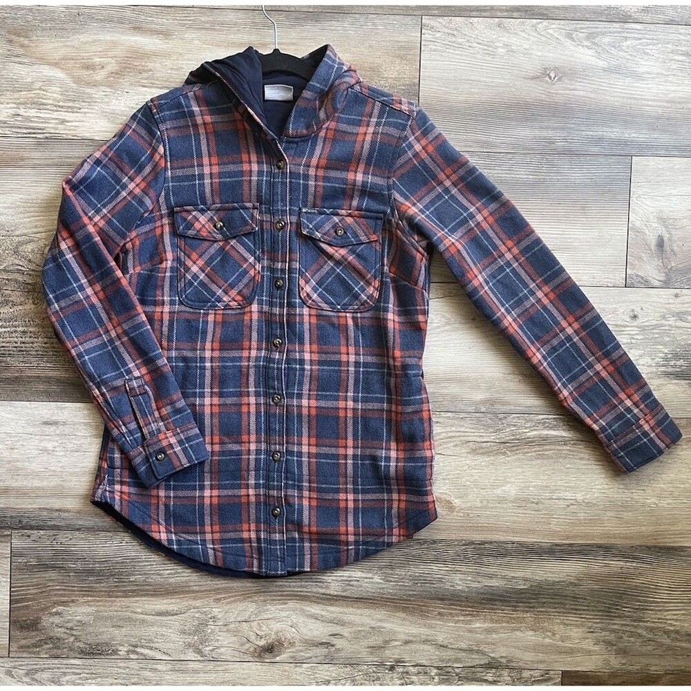 Columbia Hooded Button Up Shirt Women’s Size Small Plaid Roll Tab Sleeves